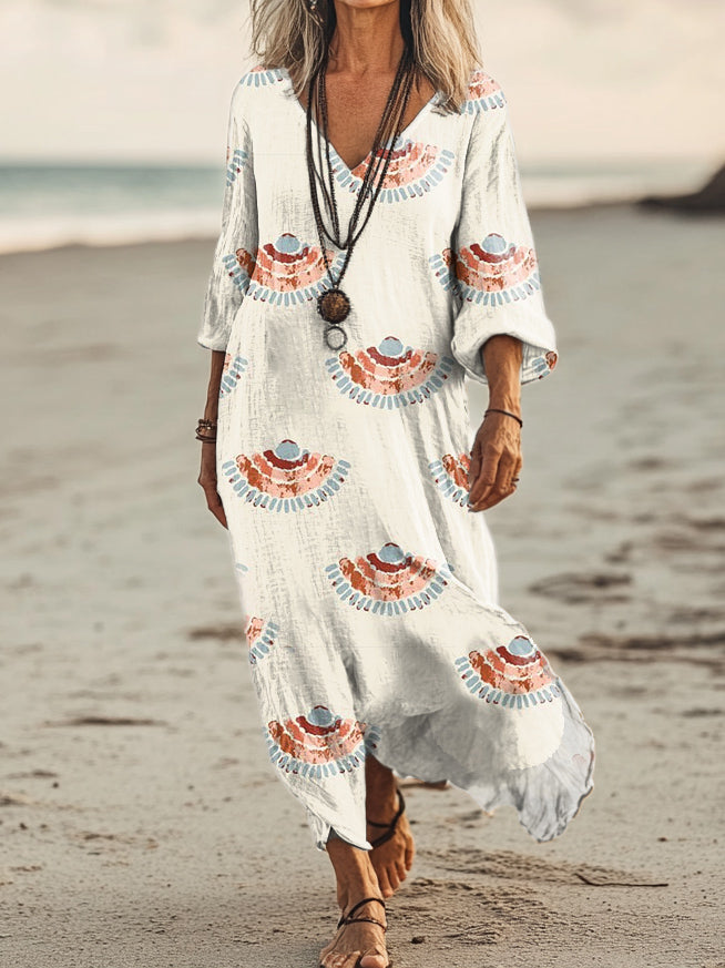 Women's Vintage Scalloped Pattern Art Print Pocket Cotton Dress