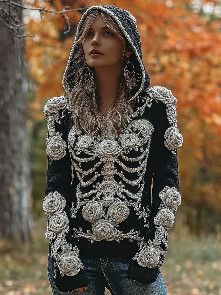 Vintage Skeleton Roses Crochet Art Cozy Hooded Sweater artswardrobe