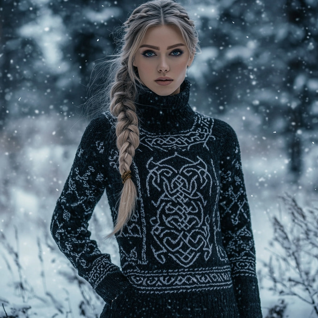 Viking Dragon Pattern Cozy Turtleneck Knit Sweater elevenforest