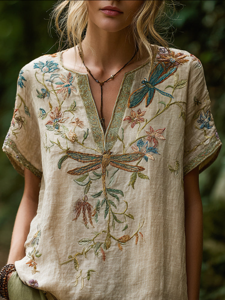 Bohemian Style Dragonfly Flower Three-dimensional Embroidery Vintage V-neck Short-sleeved Shirt artswardrobe