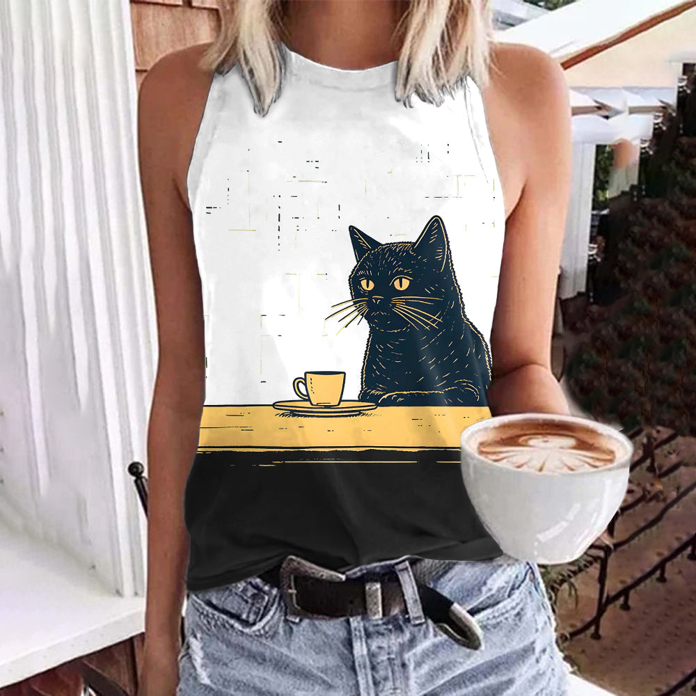 Abstract Creative Black Cat Chilling Coffee Painting Art Print Tank Top elevenforest