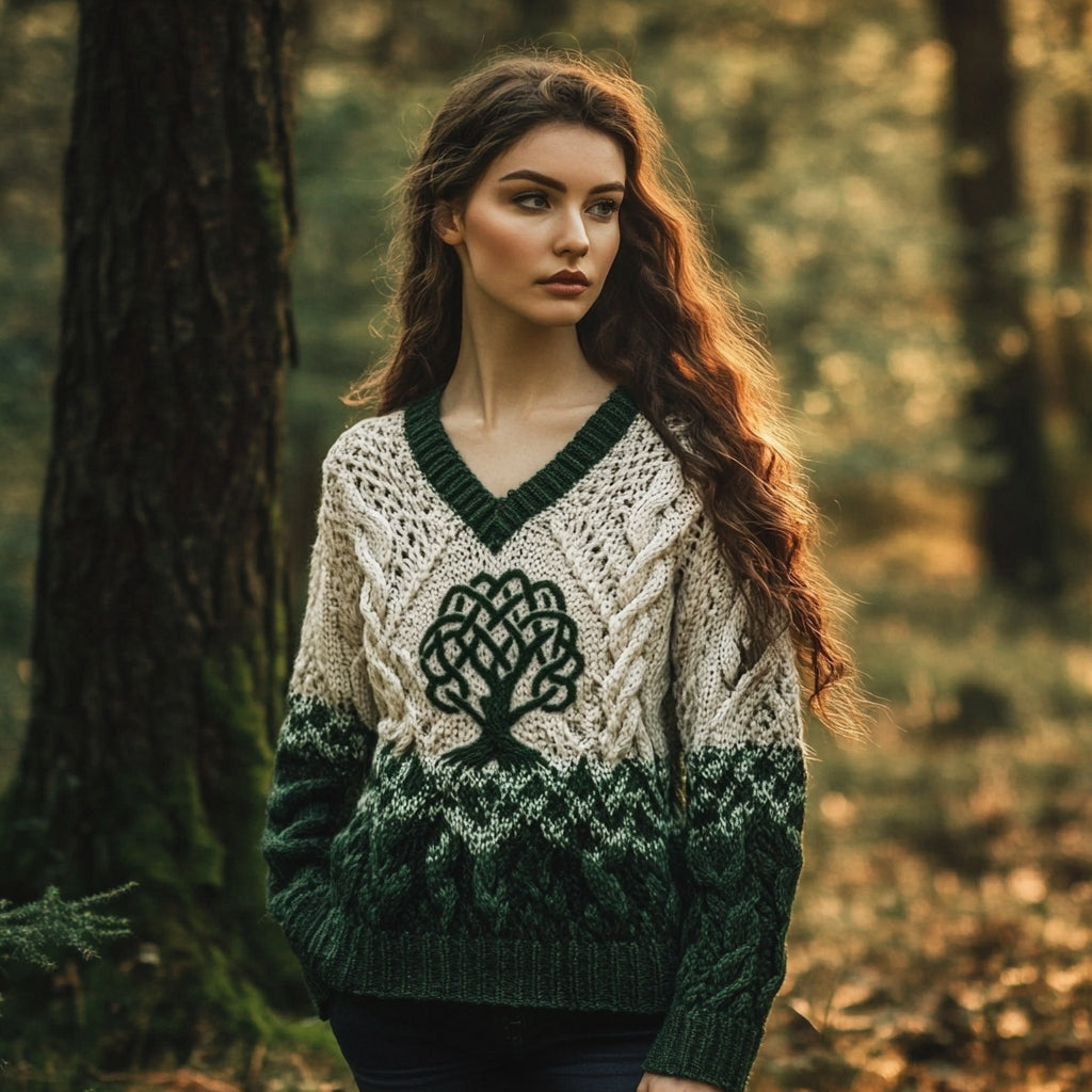 Women's Celtic Knotted Tree Of Life Jacquard V-neck Ombre Sweater artswardrobe