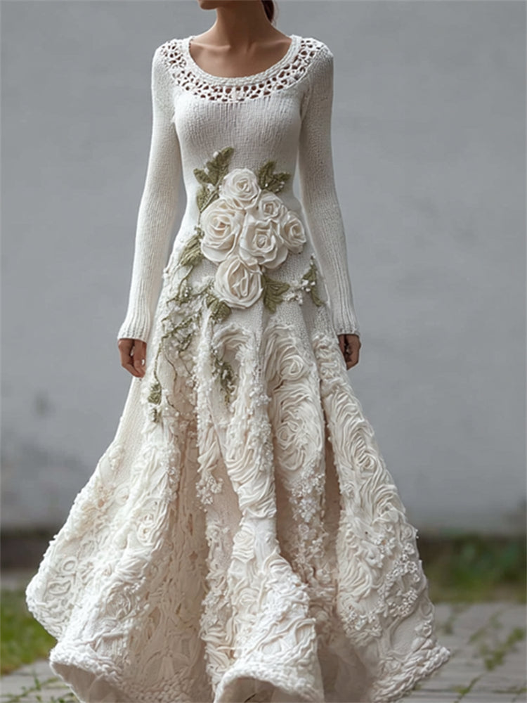 Classy White Roses Lace Patchwork Cozy Maxi Sweater Dress artswardrobe