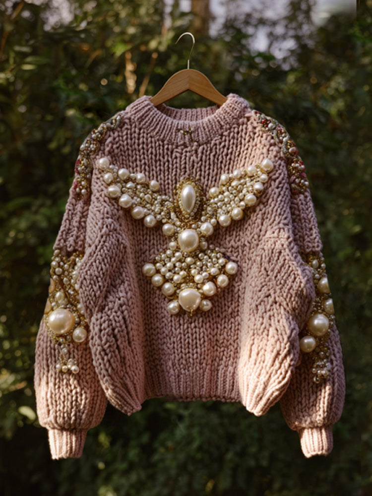 Christmas Angel Embroidered Pearl Crew Neck Sweater artswardrobe
