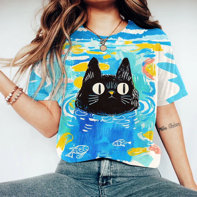 Women's Funny Cat Art Print Crew Neck Short Sleeve T-shirt elevenforest