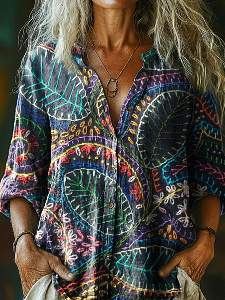 Women's Bohemian Floral Collage Art Print Casual Cotton Linen Shirt