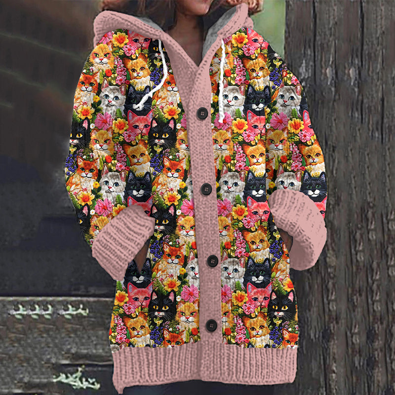Cute Cats & Flowers Embroidered Pattern Cozy Hooded Knit Sweater elevenforest