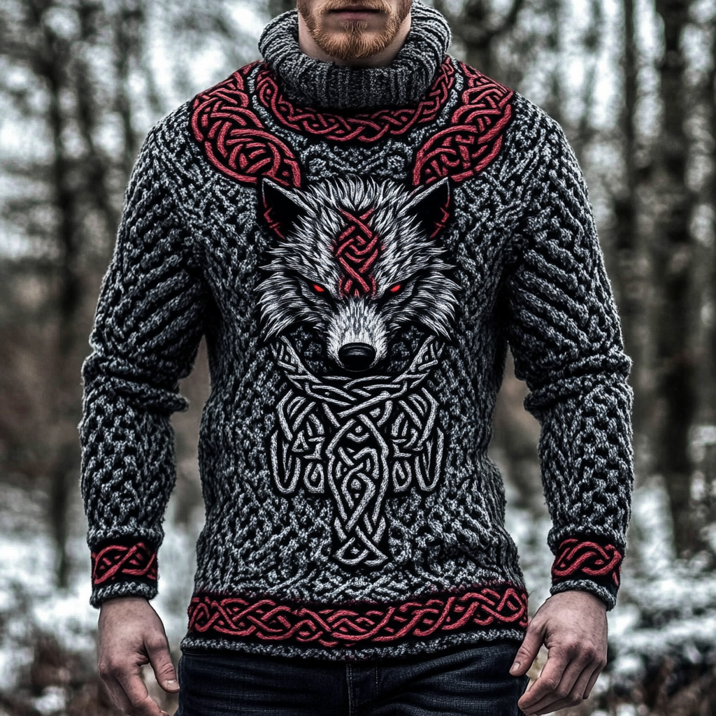 Vintage Viking Wolf Chunky Knit Jacquard Men's Crew Neck Sweater elevenforest