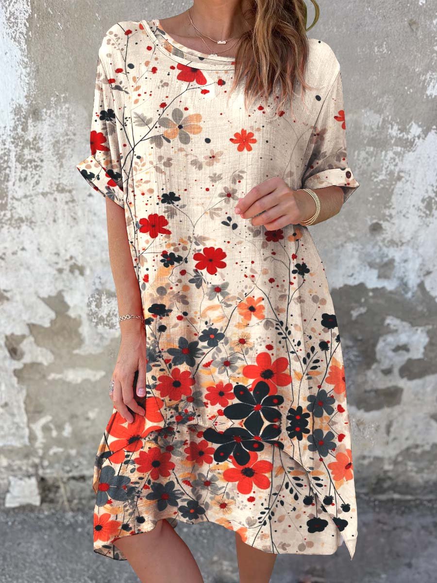 Women's Classic Floral Pattern Round Neck Cotton and Linen Dress