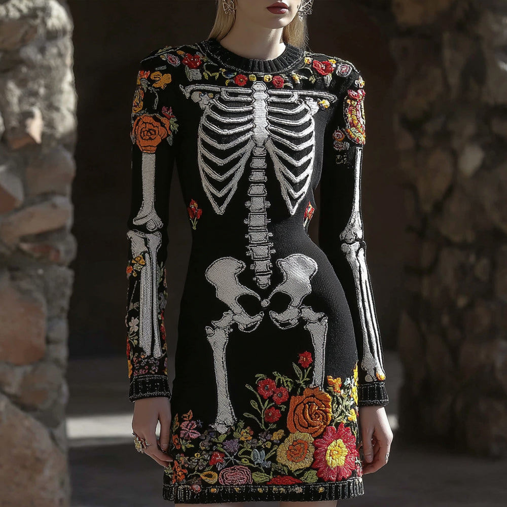 Women's Vintage Halloween Skeleton Bones Flower Comfortable Elegant Sweater Dress artswardrobe