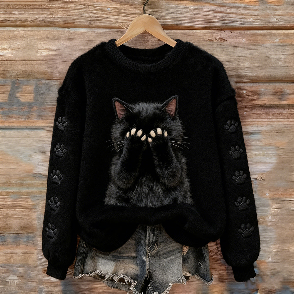 Comstylish Shy Face-covering Black Cat Flannel Crewneck Sweatshirt
