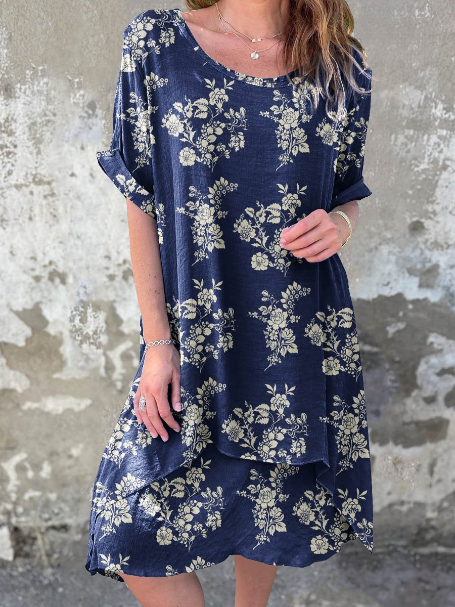 Women's Summer Vintage Floral Art Casual Round Neck Cotton Dress