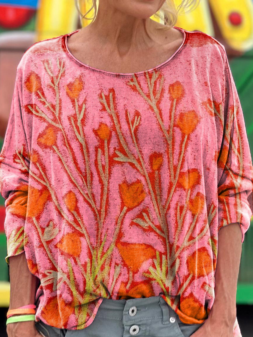 Women's Vintage Floral Art Print Casual Long Sleeve T-shirt