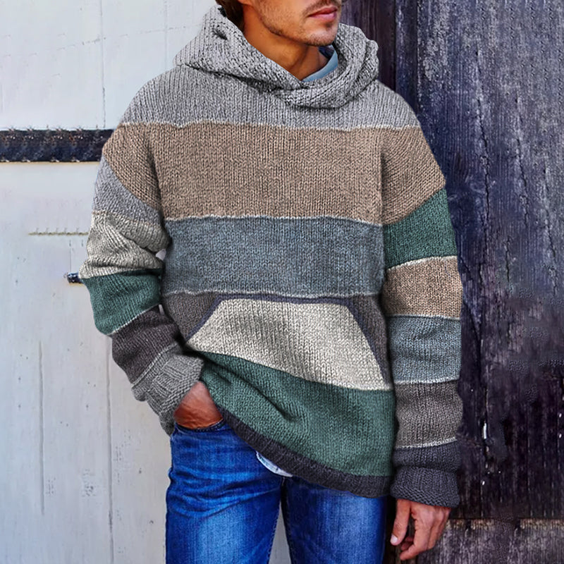 Men'S Vintage Colorful Knitted Patchwork Cozy Hooded Sweater elevenforest