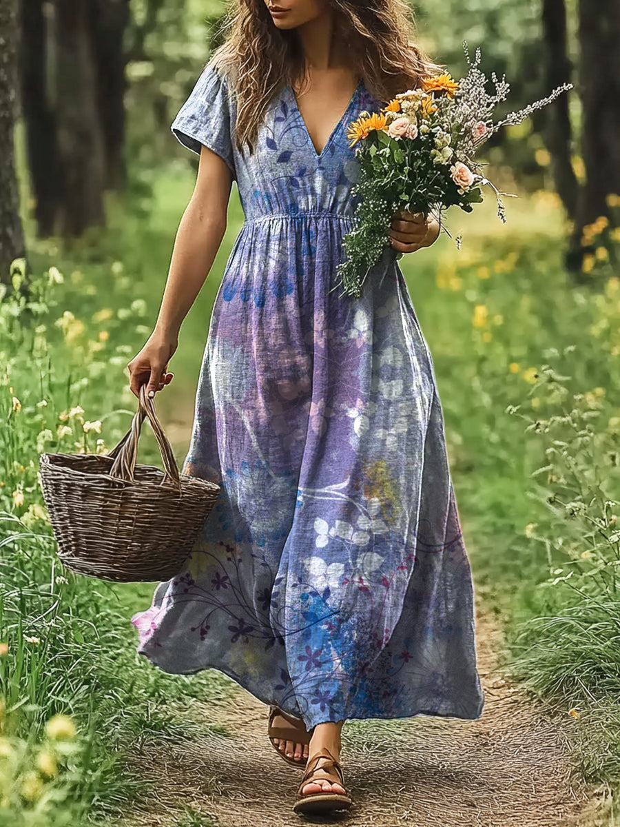 Women's Art Painting Colorful Floral Print V-Neck Short Sleeve Dress