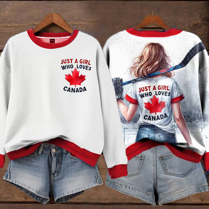 Retro Women's Canada Hockeys Just A Girl Who Loves Canada Print Crew Neck Long Sleeve Sweatshirt elevenforest
