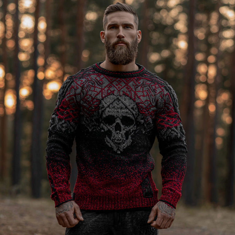 Men's Vintage Halloween Skull Viking Art Knit Sweater elevenforest