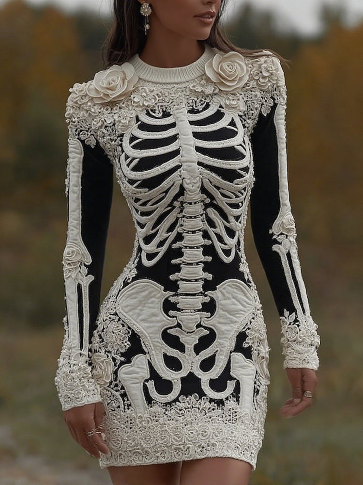 Women's Vintage Halloween Skeleton Bones With Rose Art Cozy Knit Mini Sweater Dress artswardrobe