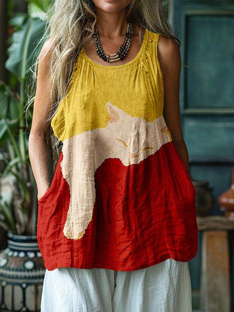 Lovely Cat Colorblock Linen Cozy Tank Top elevenforest