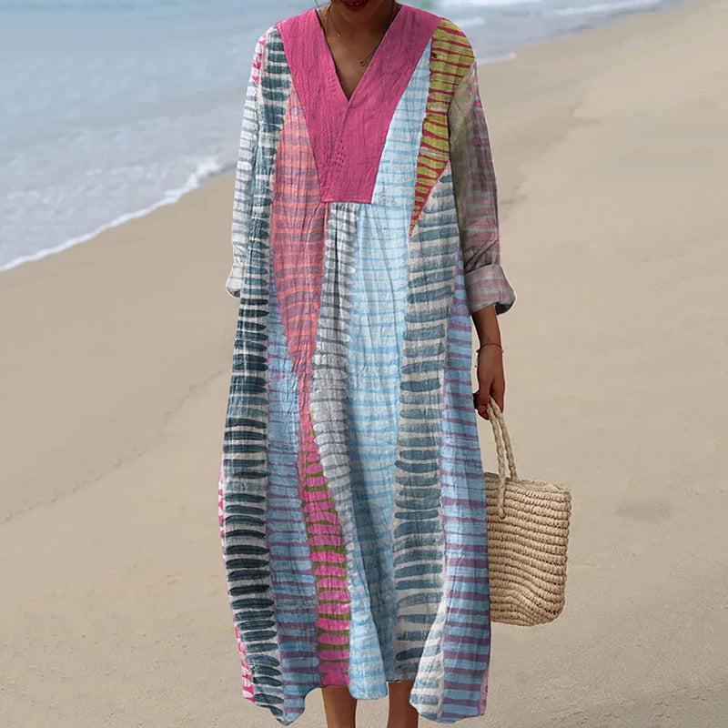 Vintage Color Block Line Art Pattern Casual Maxi Dress artswardrobe