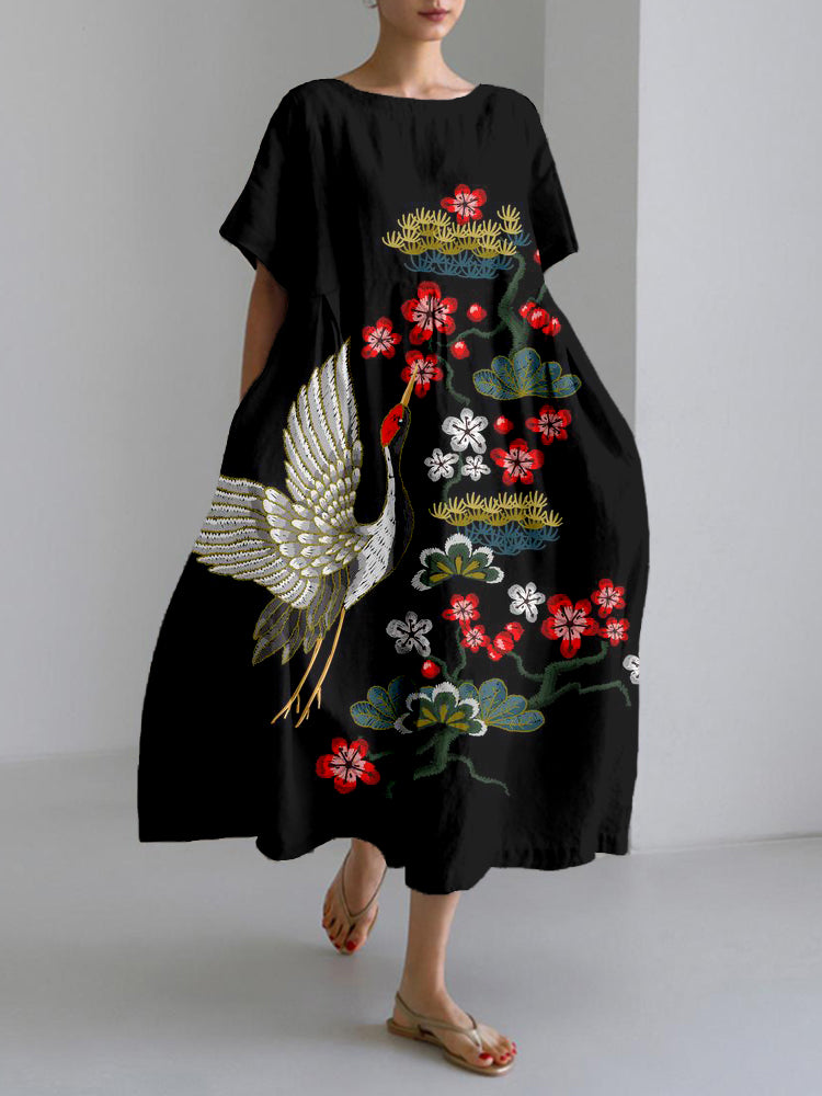 Japanese Cranes with Flowers Embroidered Maxi Dress