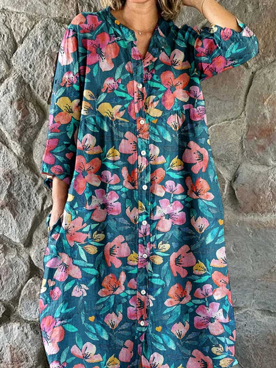 Women's Elegant Floral Pattern Shirt Style Cotton and Linen Dress