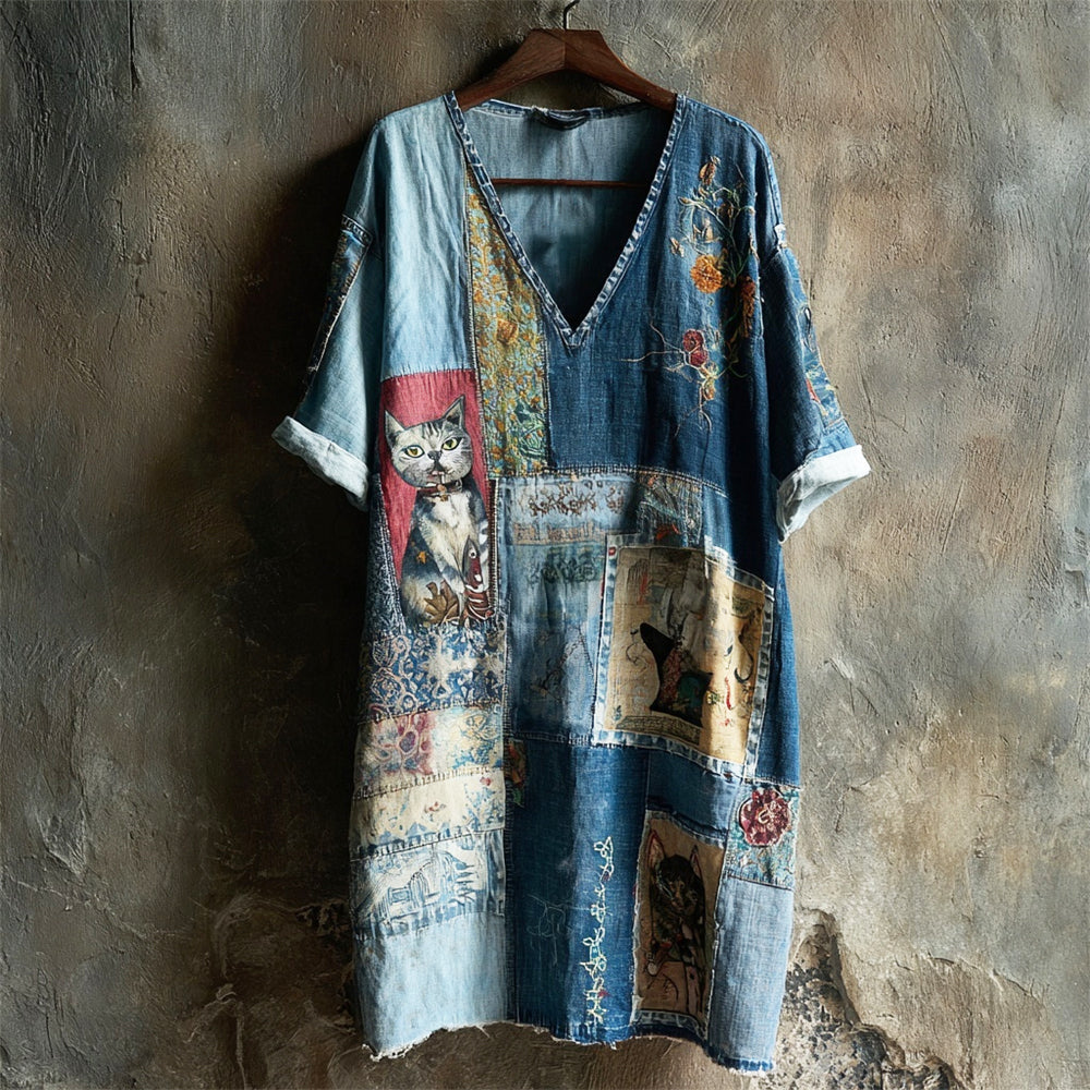 Worn Patchwork Cowboy Cats Women's Short Sleeve V-neck Dress elevenforest