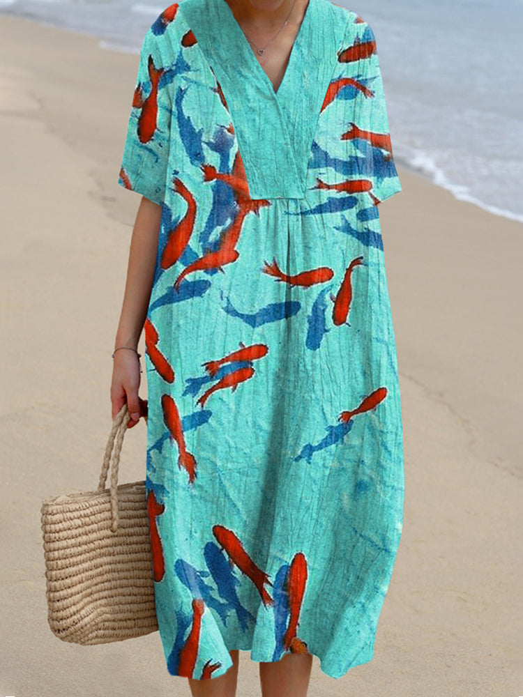 Koi Fish Art Print Linen Blend Dress