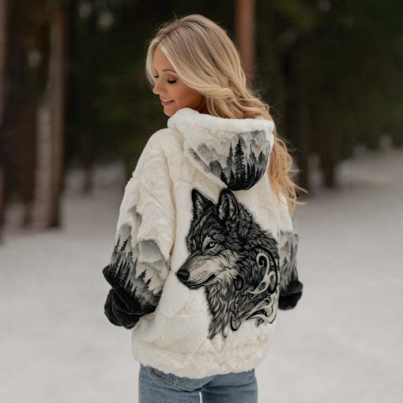 Comstylish Women's Viking Wolf Art Knit Cozy Flannel Hooded