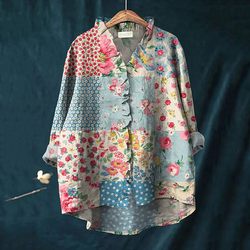 Vintage Floral Patchwork Pattern Art Linen Ruffle Shirt artswardrobe