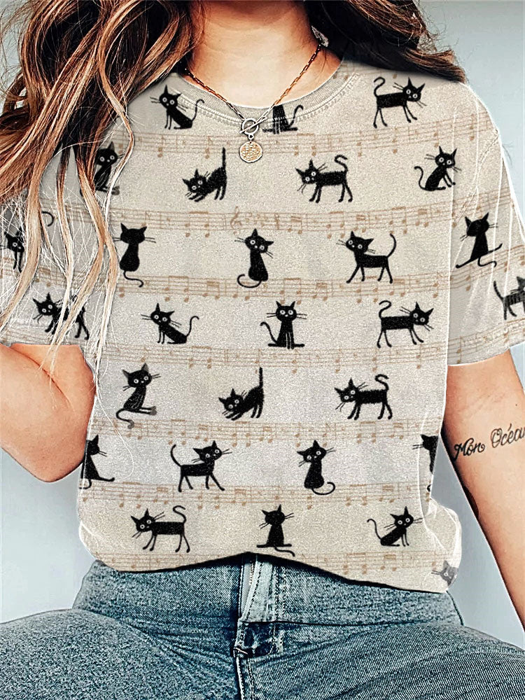 Musical & Funny Cat Print Cotton Cozy T-shirt elevenforest