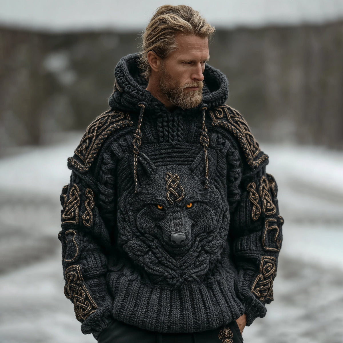 Men's Vintage Viking Wolf Knit Hooded Sweater artswardrobe