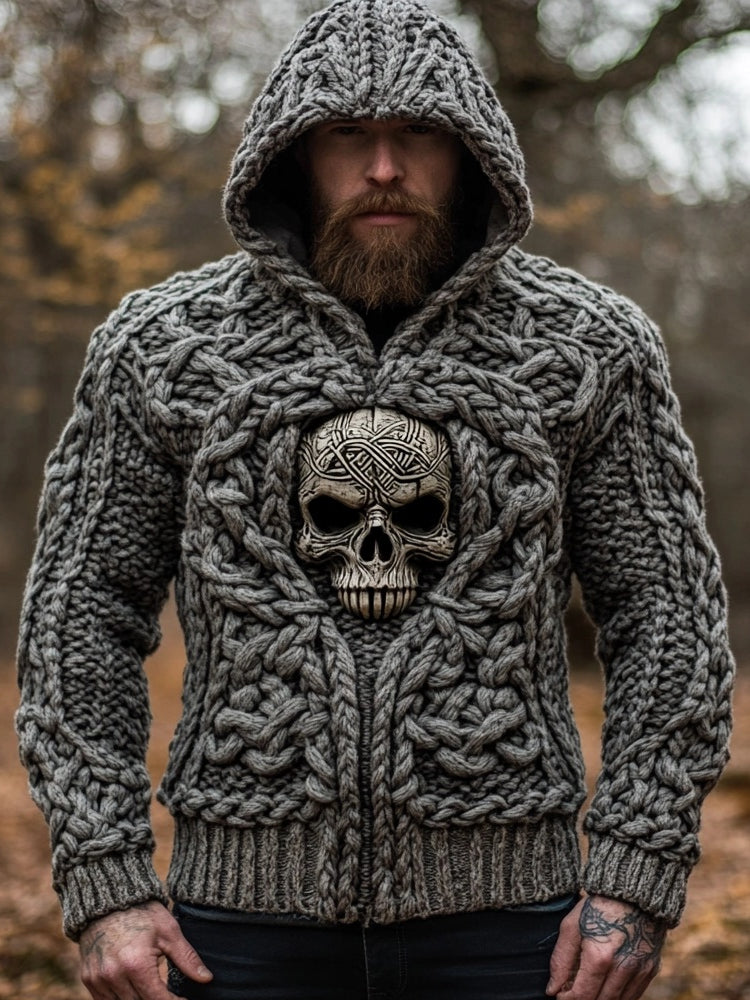 Men's Viking Skull Inspired Jacquard Cozy Hooded Sweater artswardrobe