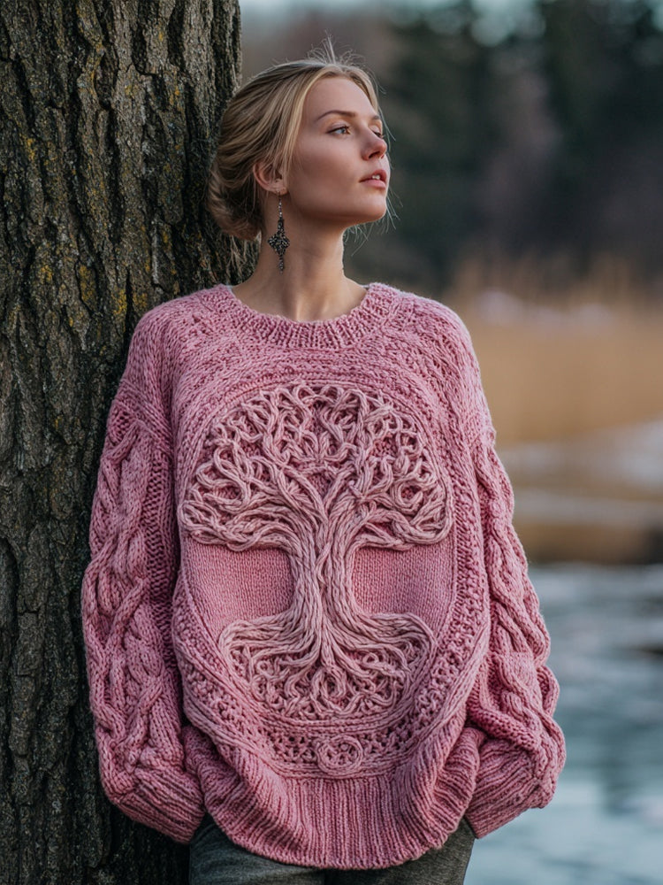 Retro Pink Tree Of Life Crew Neck Cozy Knitted Sweater elevenforest