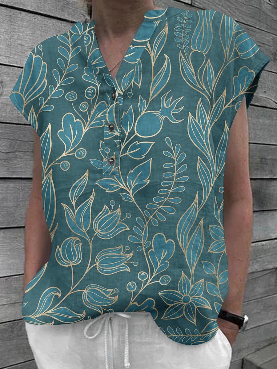 Women's Floral Art Casual Cotton Shirt Tops