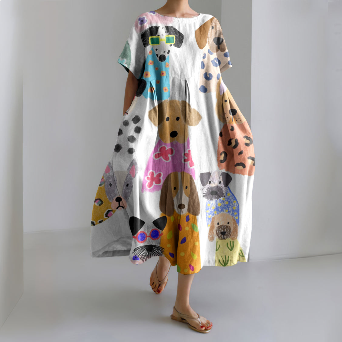 Comstylish Women'S Cute Dog Print Short Sleeve Linen Blend Midi Dress