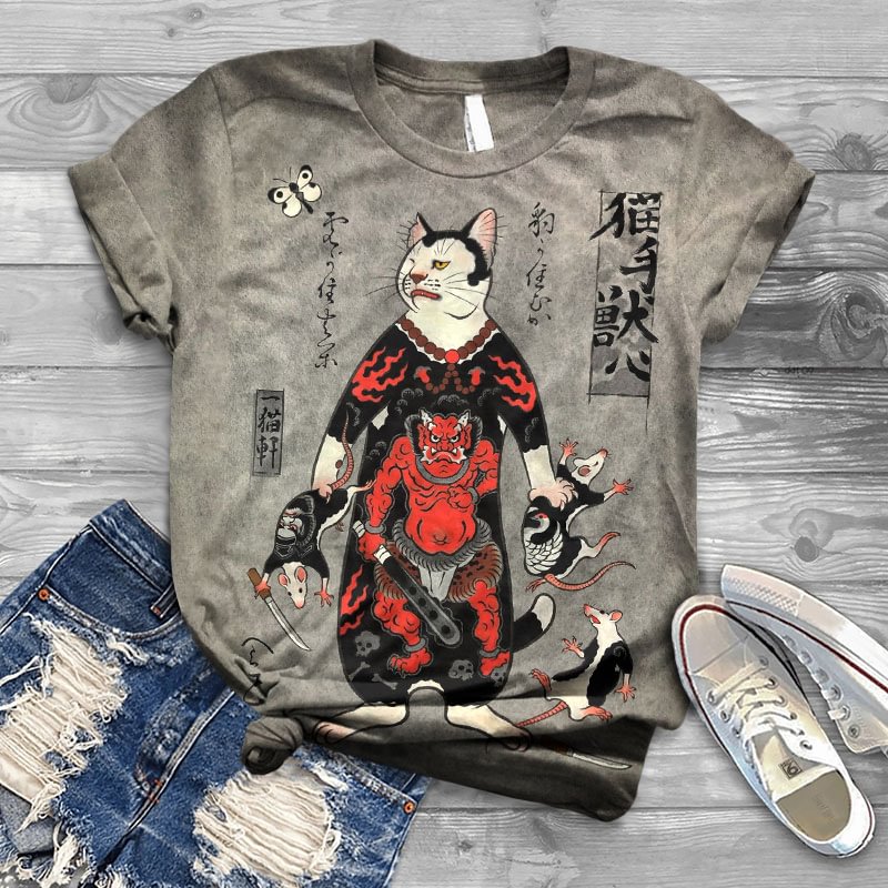 Comstylish Japanese Style Exterminate Mouse Cat Monster Print Crew Neck Cozy Vintage T-Shirt