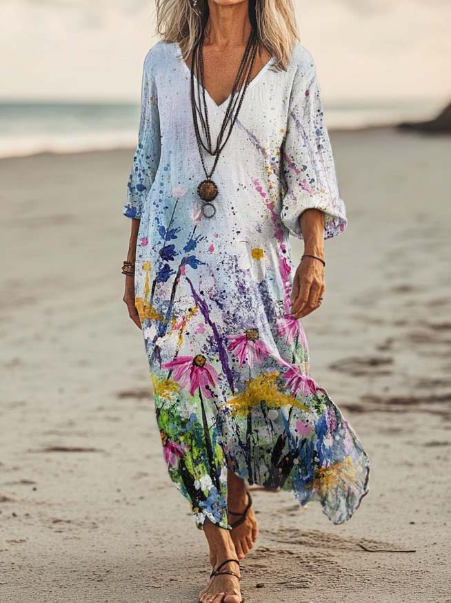 Women's Floral Gradient Art Print Pocket Cotton Dress