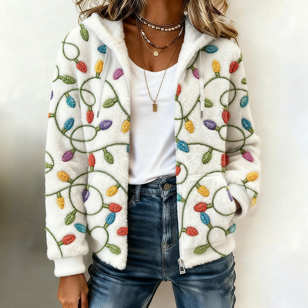 Comstylish Vintage Christmas Lights Embroidered Full Zip Plush Hoodie