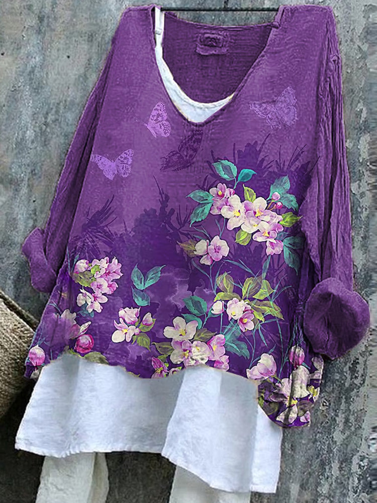 Comstylish Women's Purple Consciousness Floral Design Print V-neck Top