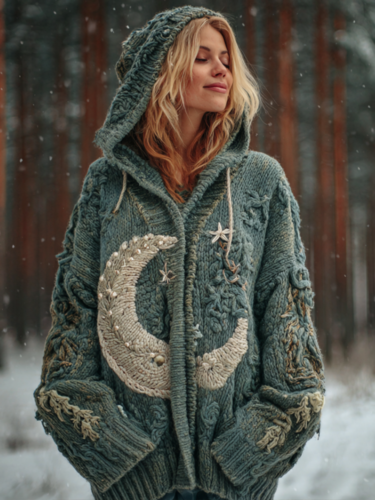 Women's Star And Moon Element Winter Warmth Knit Hooded Cardigan Sweater Jacket artswardrobe