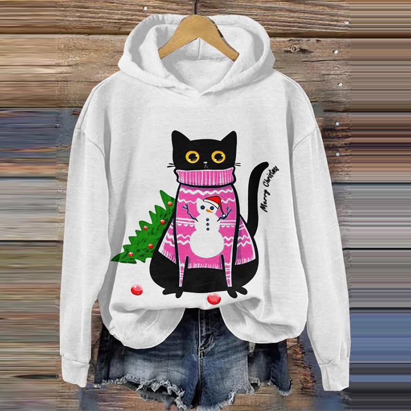 Merry Christmas Cat In Pink Graphics Art Hoodie elevenforest