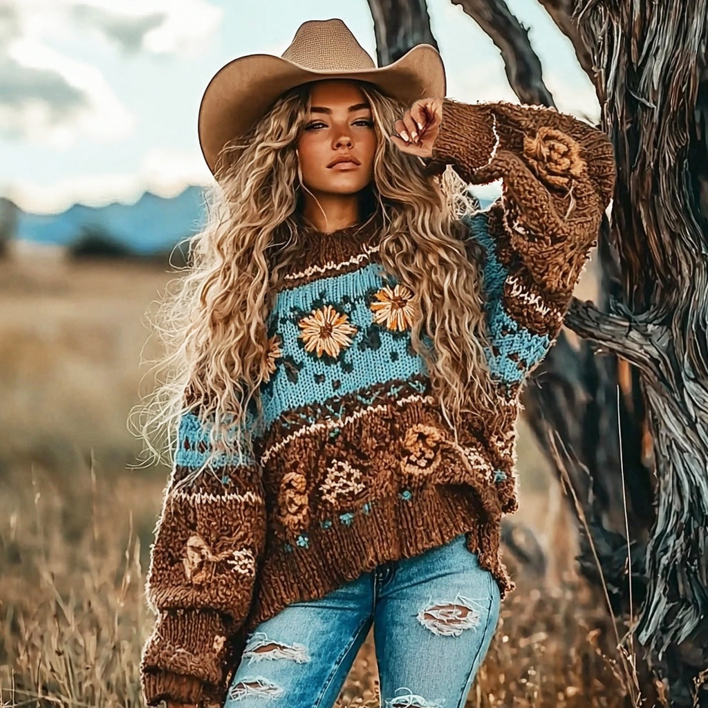 Women's Western Vintage Floral Contrast Cozy Sweater artswardrobe