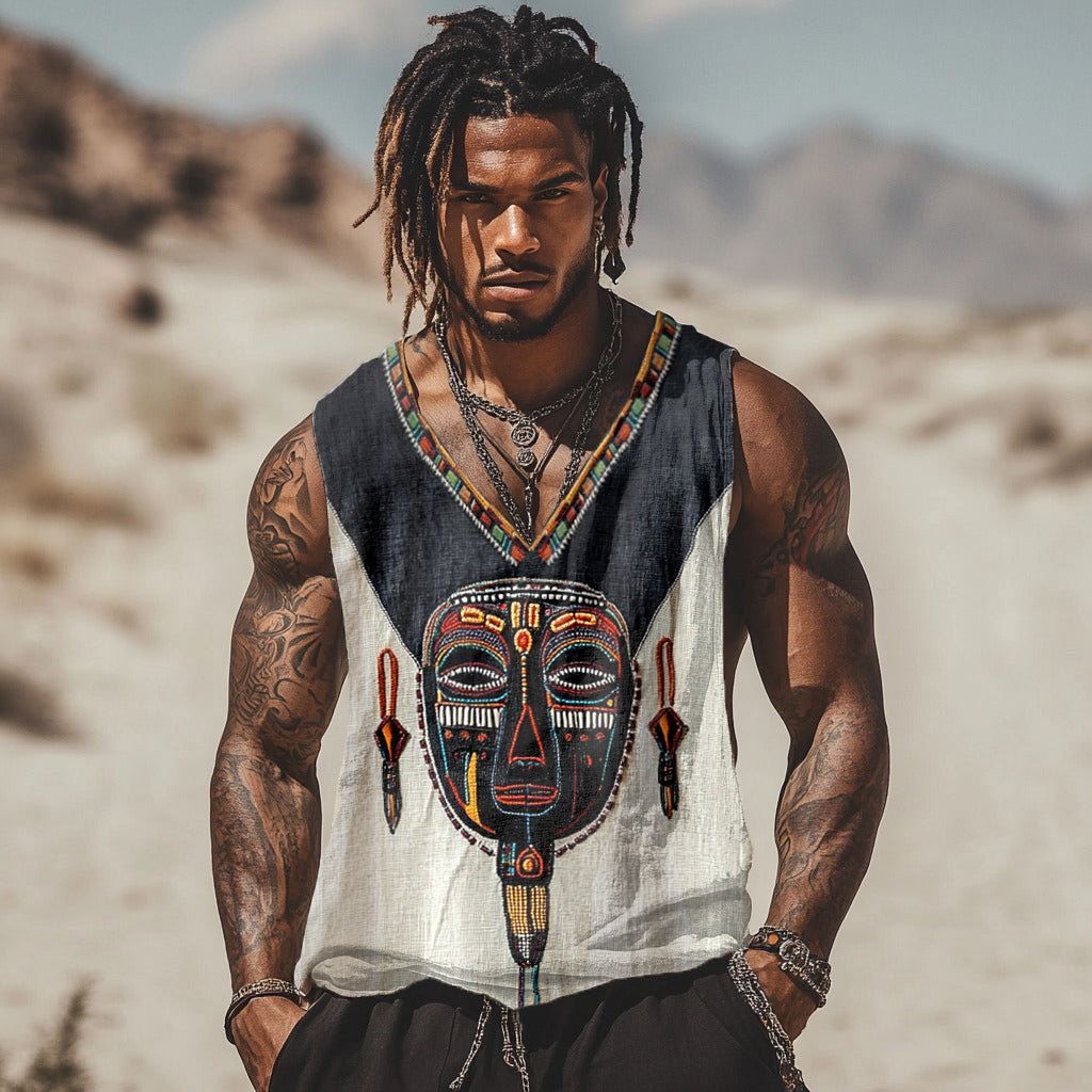 Men's Tribal African Masks Art Linen Tank Top artswardrobe
