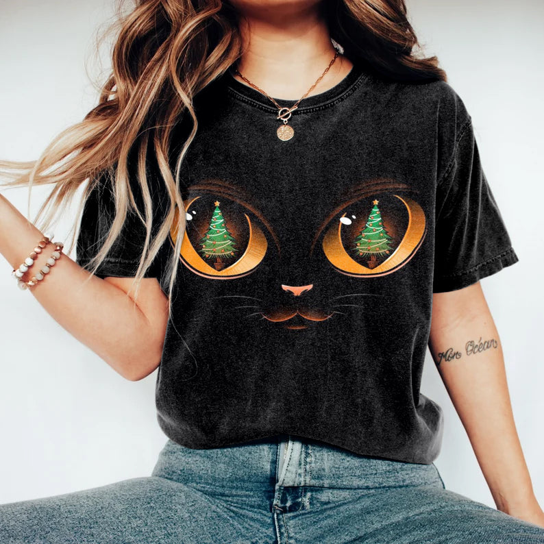 Abstract Creative Christmas Tree In Cat Eyes Pattern Print Cotton Graphic T-Shirt elevenforest