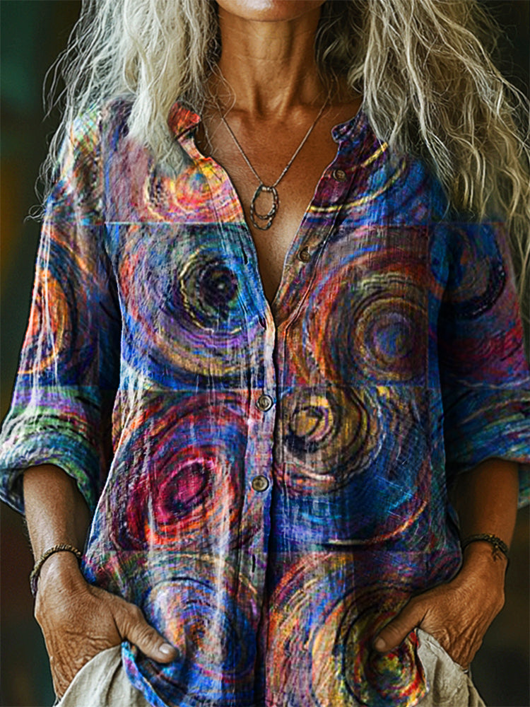 Women's Vintage Bohemian Totem Art Print Casual Cotton Linen Shirt