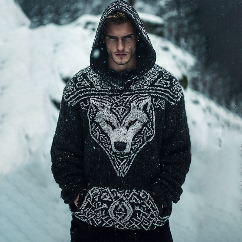 Men's Viking Tribal Wolf Jacquard Celtic Inspired Chunky Knit Hooded Sweater artswardrobe