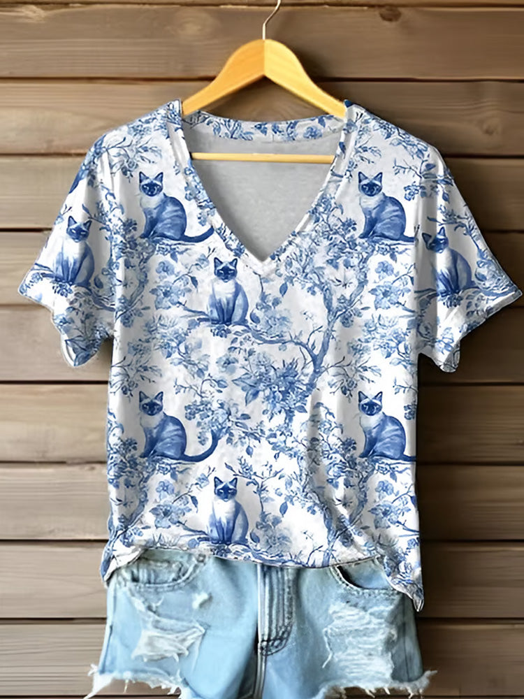 Women's Retro Animal Cat Realistic Graphic Print Short Sleeve T-shirt elevenforest