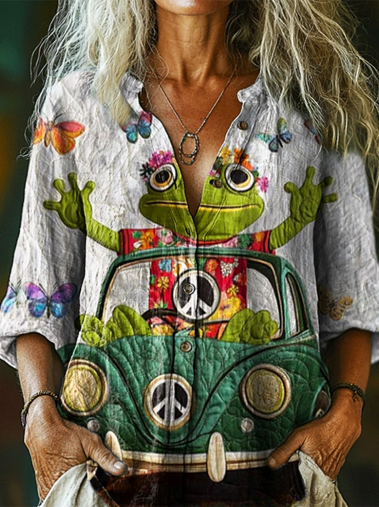 Women's Hippie Cute Frog Car Art Pattern Print Casual Cotton Linen Shi