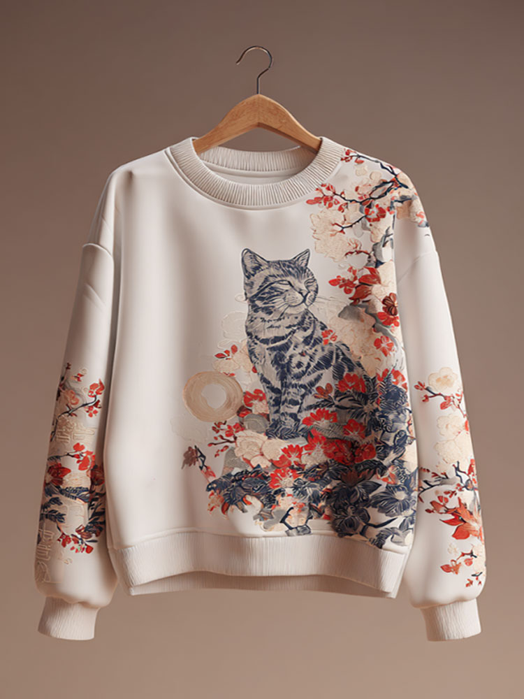 Women's Casual Japanese Art Cat Print Sweatshirt elevenforest